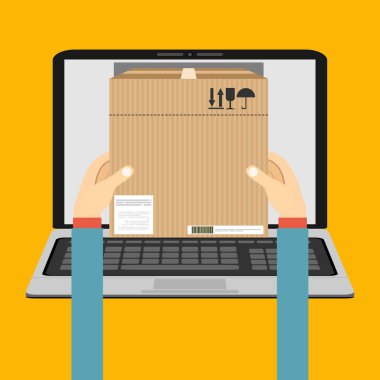 dizüstü bilgisayar ekranı, hızlı online Teslimat Servisi, vektör, illüstrasyon kavramı paket kutudan holding eller 