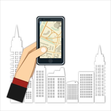 El üstünde belgili tanımlık perde smartphone cep telefonu gps navigasyon ile tutarak. Düz tasarlamak