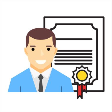 Profesyonel sertifika, iş eğitimi kavramları. Mutlu adam diploması ile takım elbiseli