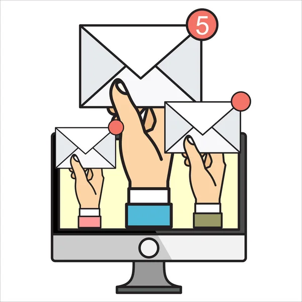 Laptop Many Hands Holding Envelopes Messages Email Concept Businessman Receiving — Stock Vector