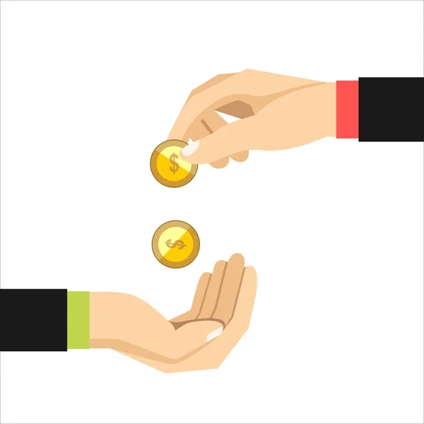 Hand Giving Gold Coin Another Hand Flat Illustration — Stock Vector