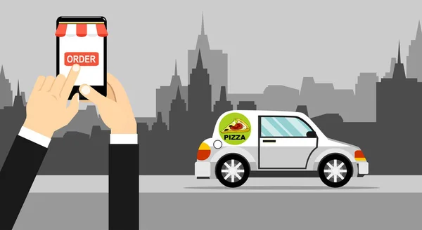 Poster Met Snelle Levering Pizza Auto Menselijke Handen Met Smartphone — Stockvector