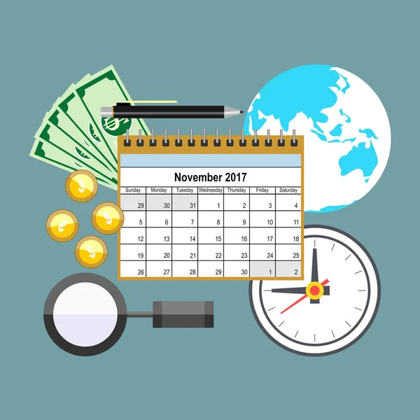 Ρολόι Ημερολόγιο Παγκόσμια Χρήματα Διαχείριση Του Χρόνου Προθεσμία Σχεδιασμό Εικονογράφηση — Διανυσματικό Αρχείο