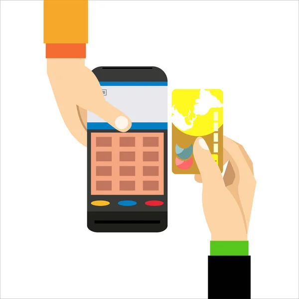 Hand Pushing Credit Card Pos Terminal Vector Illustration — Stock Vector