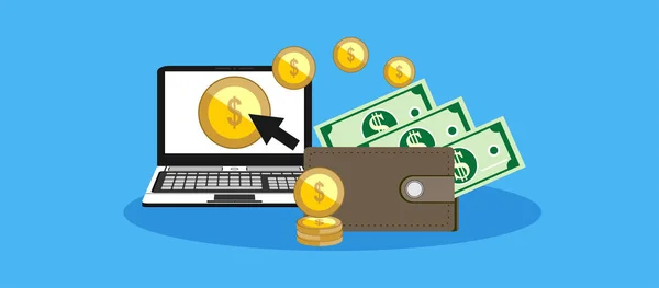 Платить Клик Зарабатывать Деньги Онлайн Концепции Ноутбук Курсор Мыши Золотые — стоковый вектор