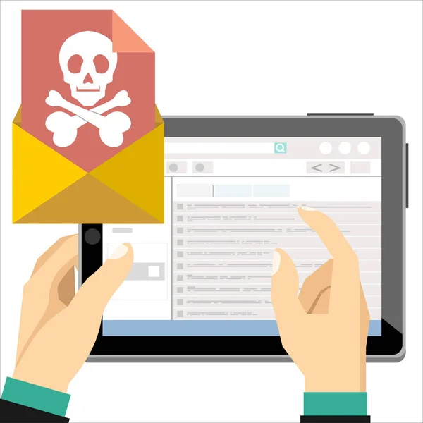 Digital Tablet Envelope Skull Screen Concept Virus Piracy Hacking Security — Stock Vector