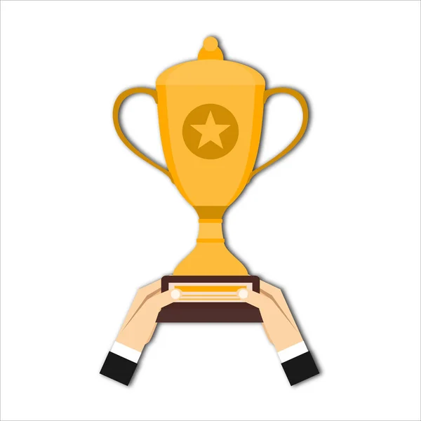 Mannelijke Handen Met Winner Cup Winnaar Trofee Uitgereikt Trofee Cup — Stockvector