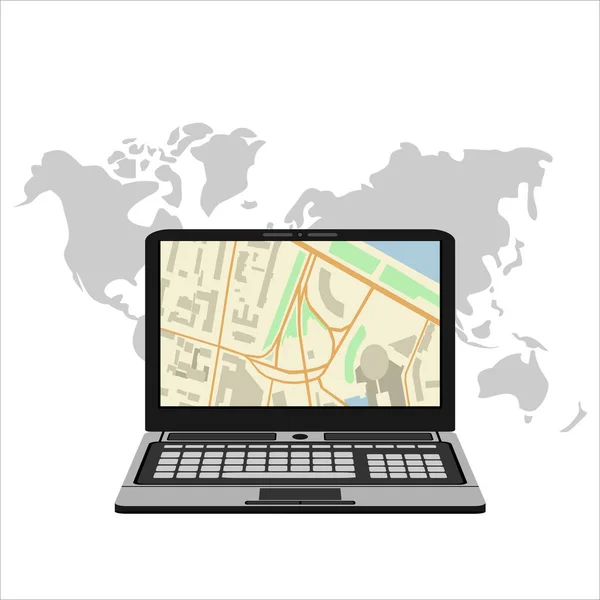 Laptop Com Mapa Navegador Gps Tela Caminho Navegação Móvel Estrada — Vetor de Stock