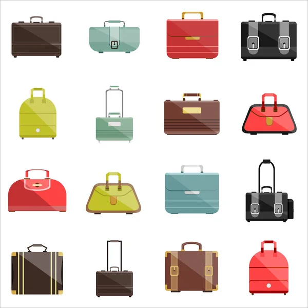 Set Muchos Tipos Bolsas Viaje Aisladas Para Hombre Mujer Ilustración — Archivo Imágenes Vectoriales