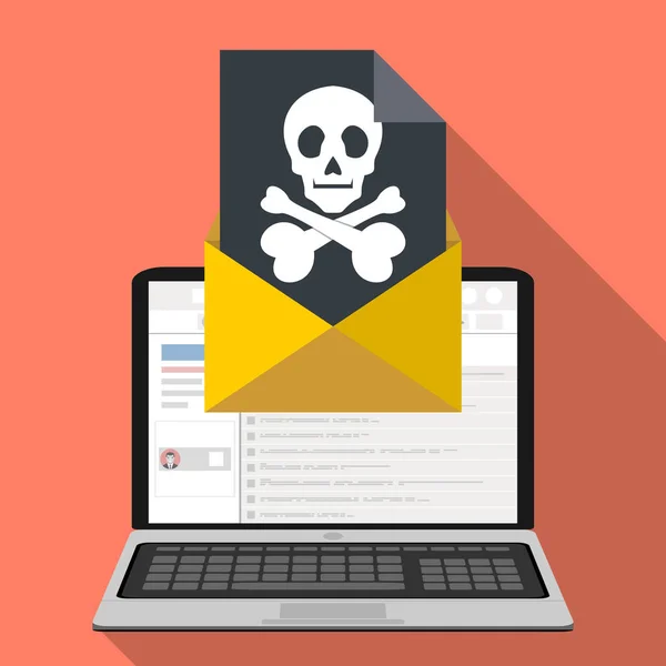 Laptop Envelope Skull Screen Concept Virus Piracy Hacking Security Flat — Stock Vector