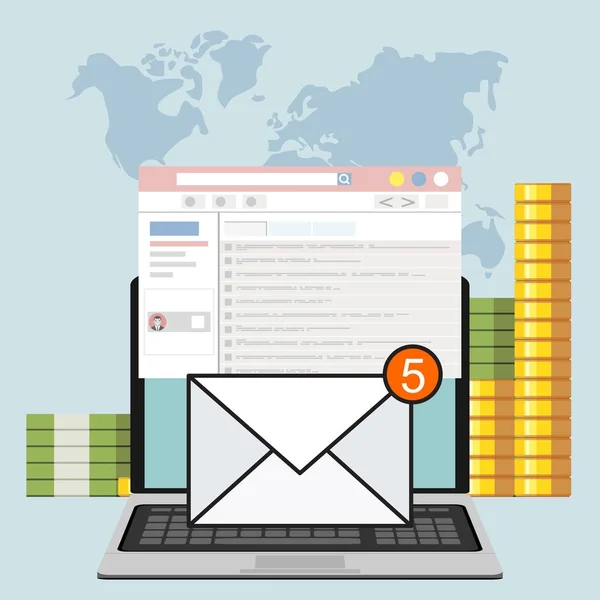 Email Маркетинговой Кампании Векторной Иллюстрации Плоский Экран Ноутбука Мультфильма Окном — стоковый вектор