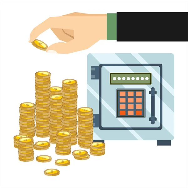 Hand Munt Geld Trap Buurt Van Kluis Business Finance Concept — Stockvector