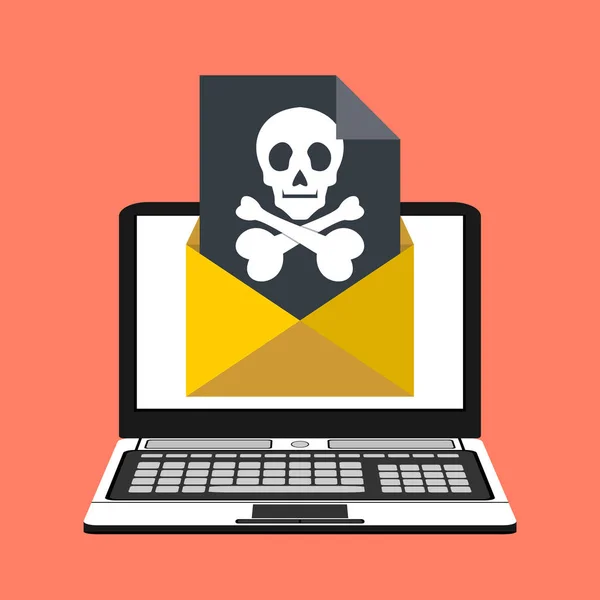 Laptop Envelope Skull Screen Concept Virus Piracy Hacking Security Flat — Stock Vector