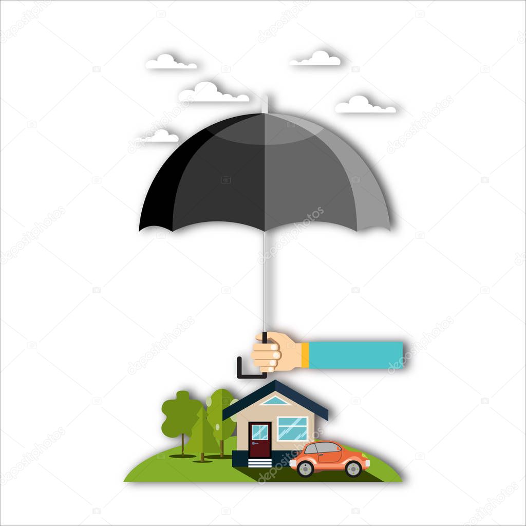 Concept of security of property, flat design. Insurance home, car, money. Vector illustration.
