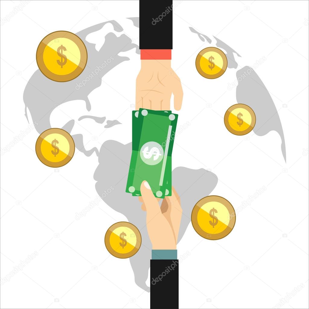 money exchange. Stock Exchange in a flat style. Foreign exchange transactions in cash from hand to hand.