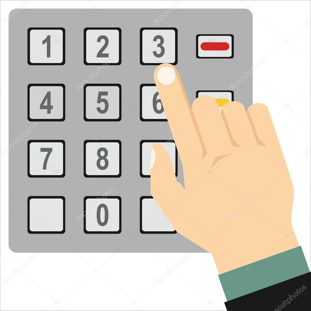 Hand finger entering with PIN code combination or password on a keypad. Flat style icon ATM