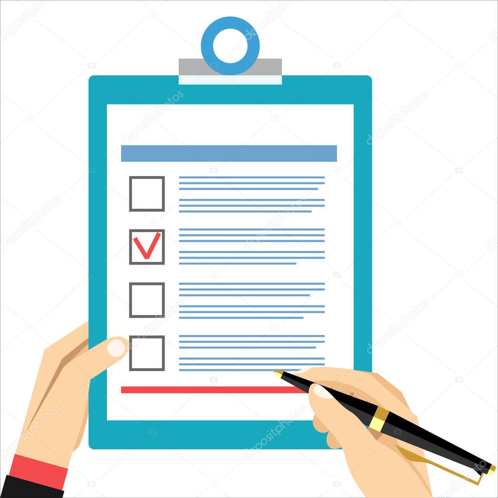 Man hand filling form. Hand holding survey sheet or exam test and hand holding pen.