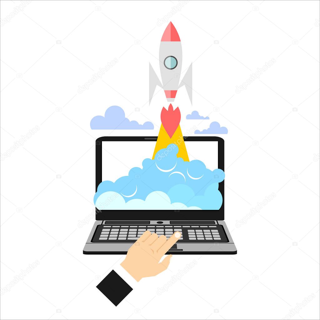 Concept of the startup and project development. Flat vector illustration with spaceship and laptop.