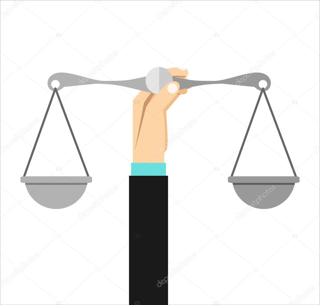 Weight scales justice hold in hand judge. Civil rights. Law and justice concept. Vector