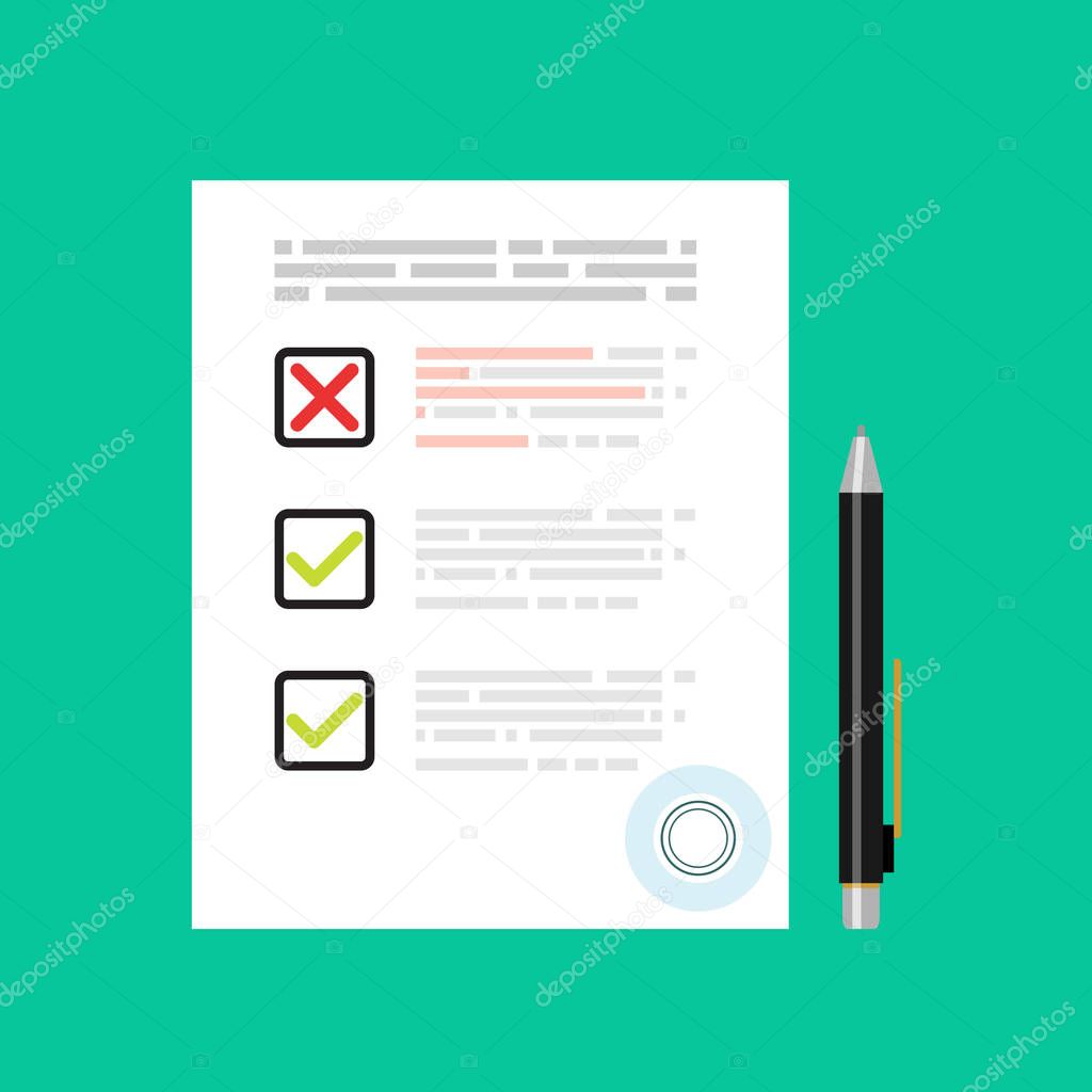 Exam test results paper sheet vector illustration, survey form checklist,flat style icon