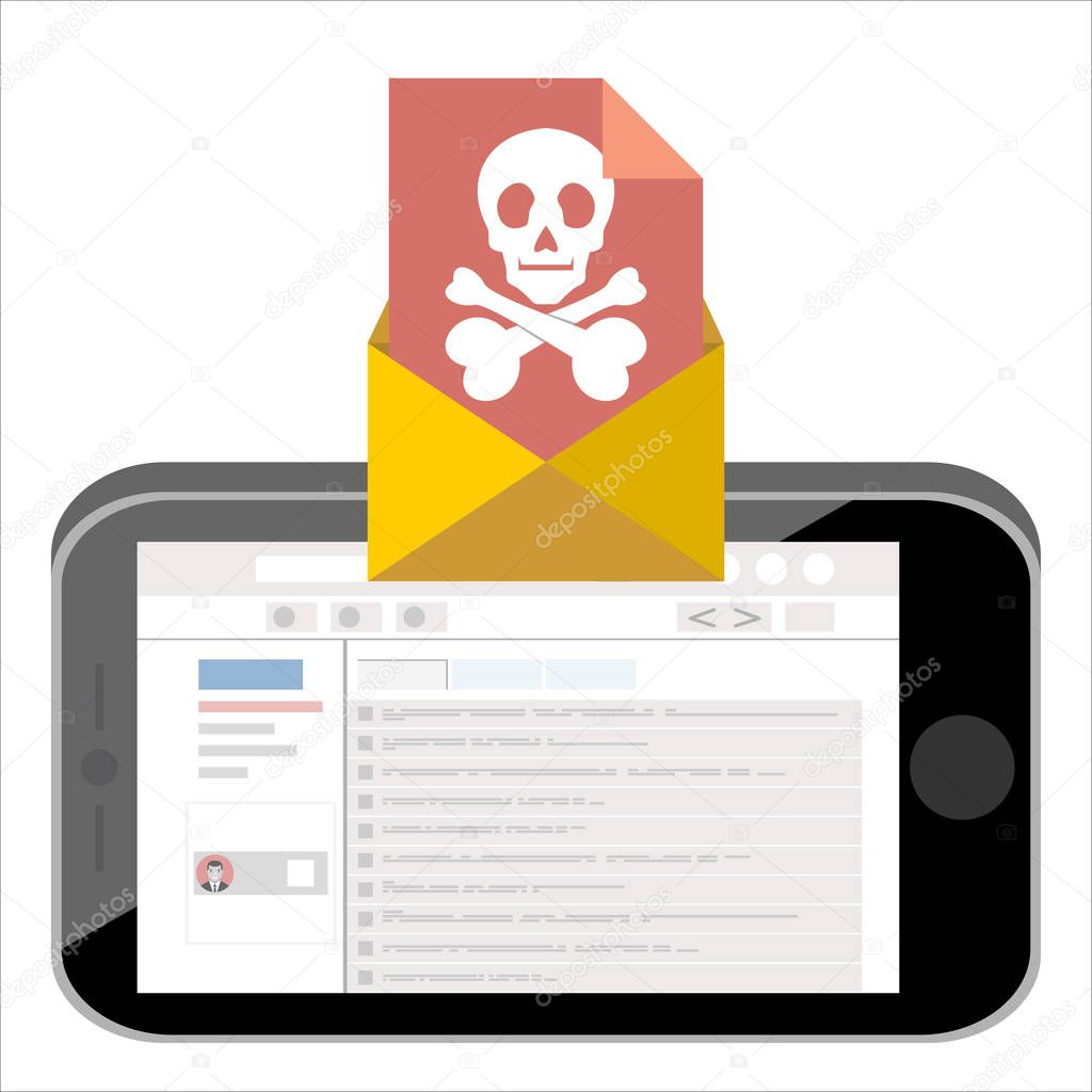 Smartphone  with envelope and skull on the screen. Concept of virus, piracy, hacking and security. Flat vector illustration.