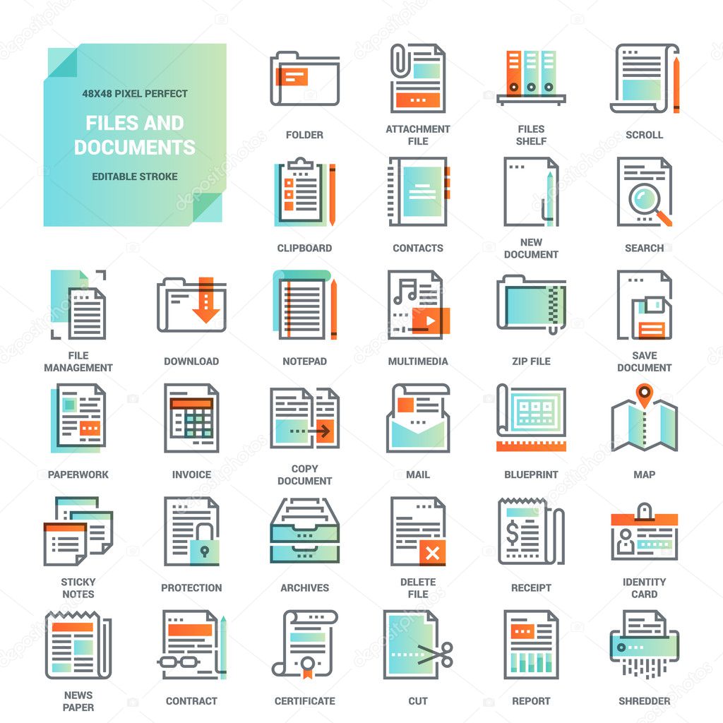 Vector set of files and documents, paper work, office and business flat line web icons. Illustration graphic design concepts. Modern looking flat line icon style. Symbols for mobile and web graphics.