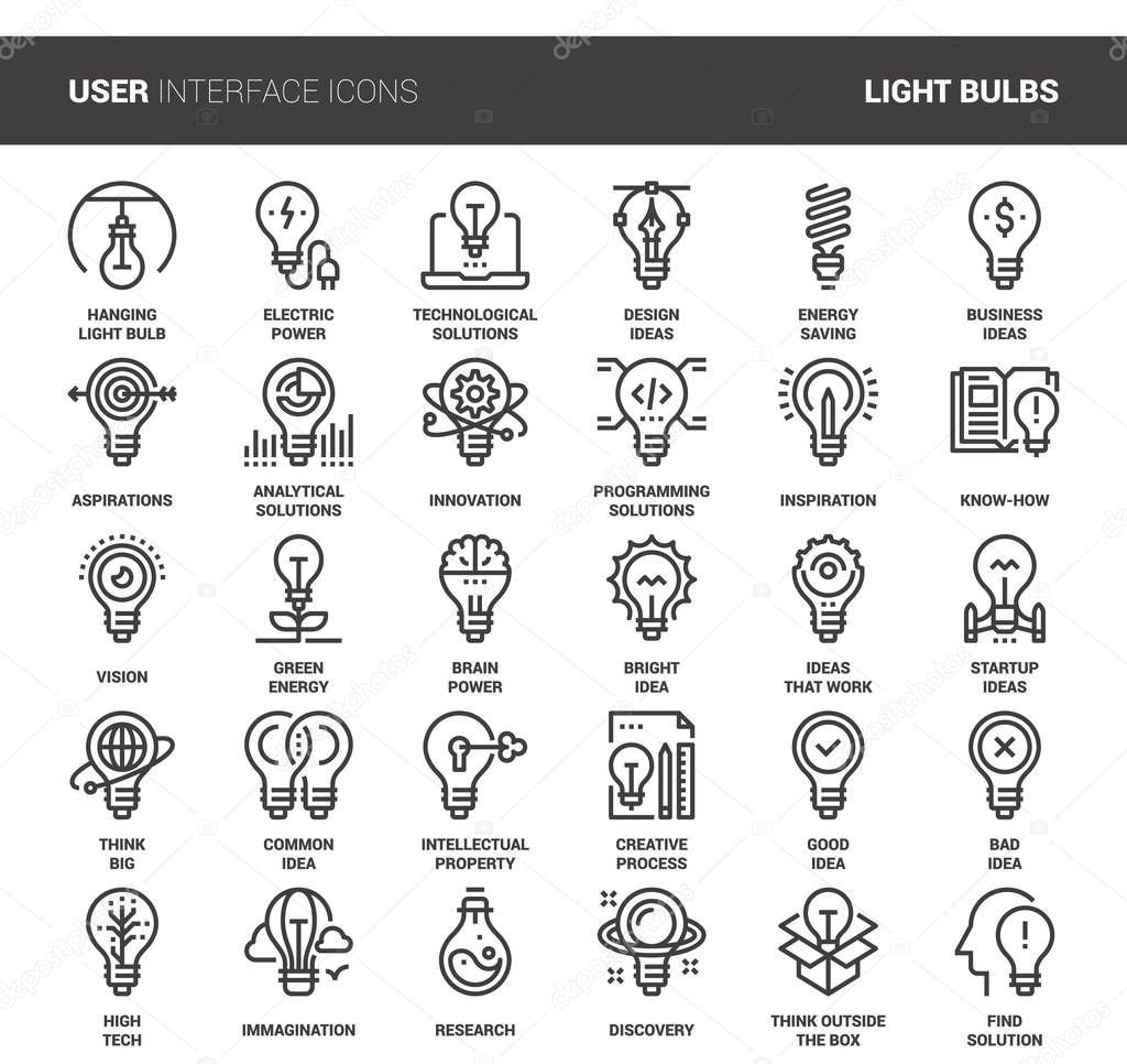 Vector set of light bulbs flat line web icons. Each icon with adjustable strokes neatly designed on pixel perfect 48X48 size grid. Fully editable and easy to use.