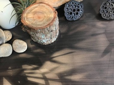 Kurumuş ağaç kütüğü, beyaz kayalar, siyah tohumlu nilüfer çiçeği başları ve masa üzerinde kütük.