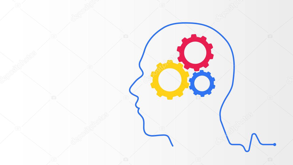 Head outline with red blue yellow gear smart brain thinking