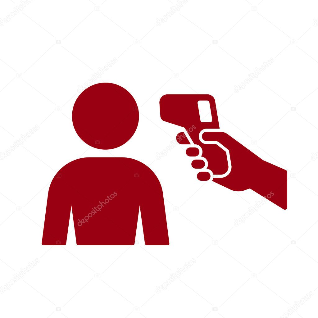 Human body Non-contact infrared IR temperature fever check gun in hand silhouette simple icon vector background