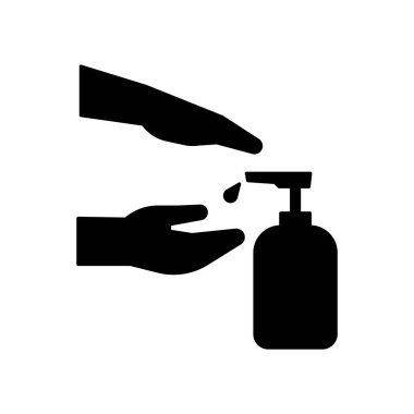 Siluet el presi dezenfekte etmek ve düz ikon vektör arka planını yıkamak için dezenfektan alkol şişesi.
