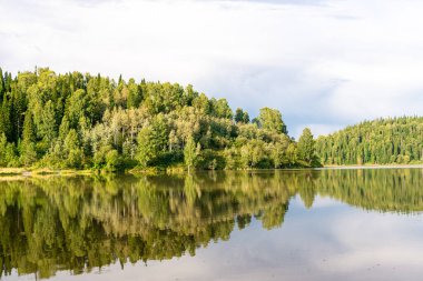 Bulutlu havada Taiga Gölü 'nün ayna yüzeyi Gerridae rezervuarın yüzeyinde çalışır.
