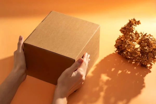 Hands holding a cardboard box. — Stock Photo, Image