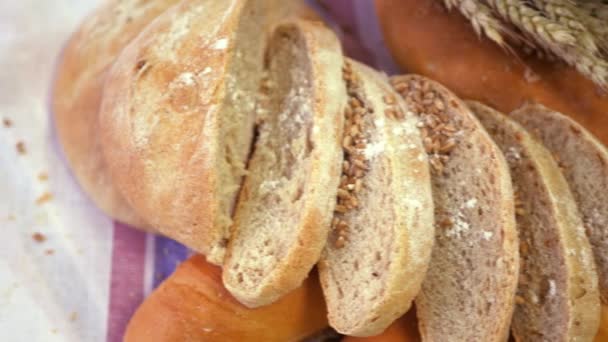 Pães e produtos de padaria Grande sortimento fresco cozido e crocante Close Up — Vídeo de Stock