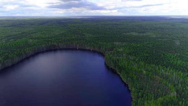 Voler au-dessus du lac contre les forêts d'épinettes et de pins. Collection de drones — Video
