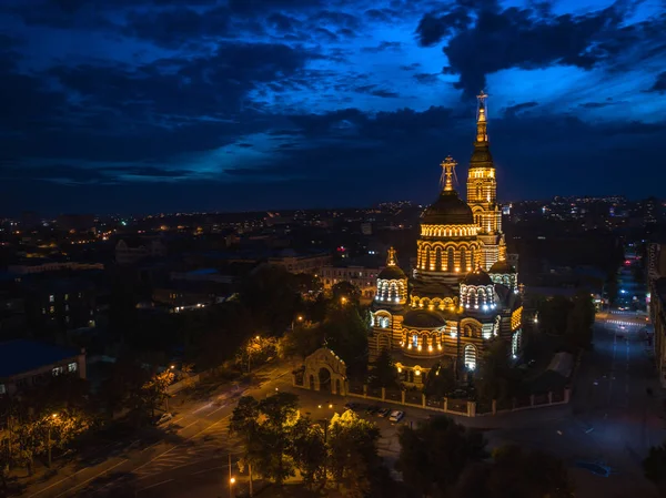 Luftaufnahme Der Verkündigungskathedrale Charkiw Ukraine Bei Nacht — Stockfoto