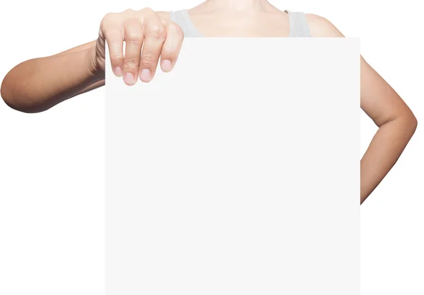 Tutup tangan wanita memegang kartu iklan kosong — Stok Foto