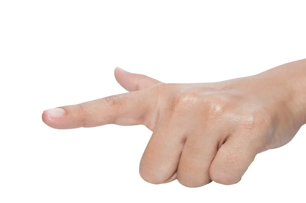 Geïsoleerde vrouwelijke hand die iets aanraakt of naar iets wijst — Stockfoto