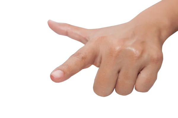 Geïsoleerde vrouwelijke hand die iets aanraakt of naar iets wijst — Stockfoto