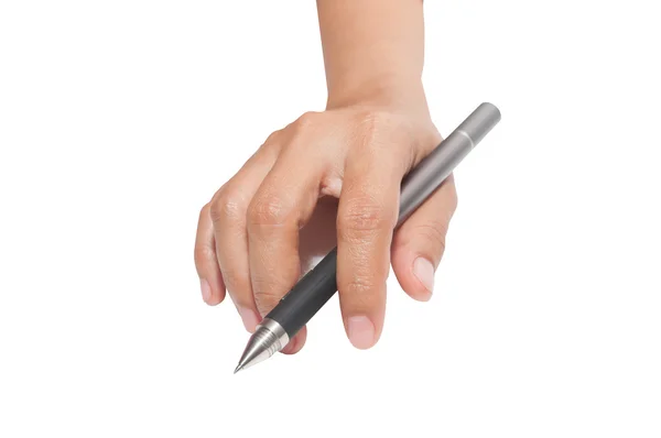 Weibliche Hand ist bereit, mit schwarzem Marker zu zeichnen. isoliert auf — Stockfoto