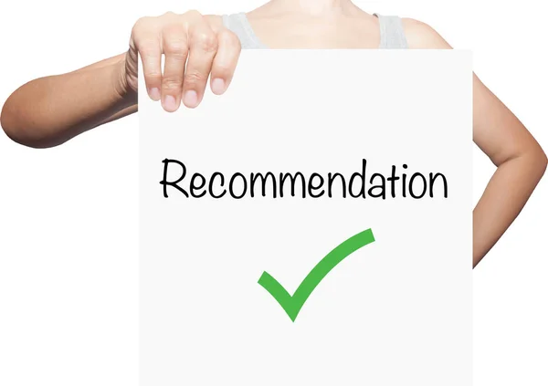 Hand hold a white placard presenting phrase of recommendation .B — Stock Photo, Image