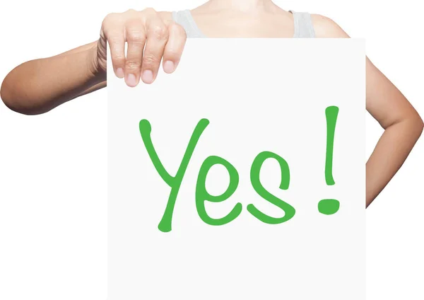 Hand hält ein weißes Plakat mit der Aufschrift "Ja". — Stockfoto