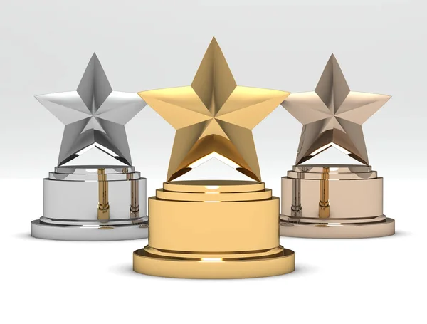 Gold, Silver and Bronze Star Awards на белом фоне. 3d Re — стоковое фото