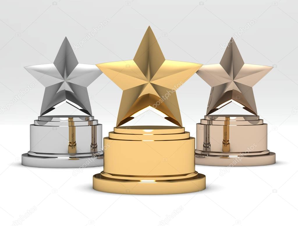 Gold, Silver and Bronze Star Awards on a white background. 3d Re