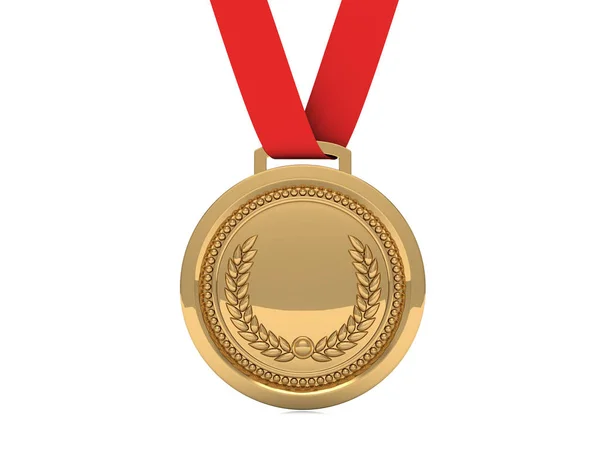 Primer lugar Medalla de oro con cinta roja aislada sobre fondo blanco —  Fotos de Stock