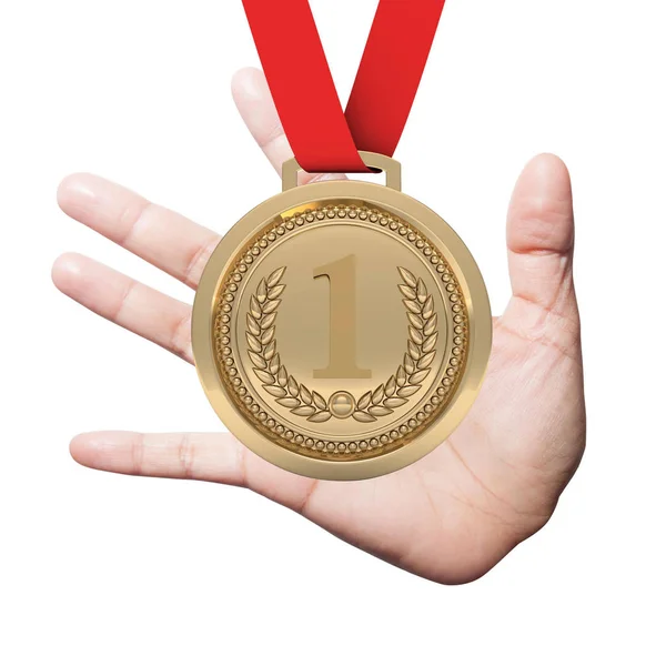 Mão segurando medalha como um vencedor em uma competição — Fotografia de Stock