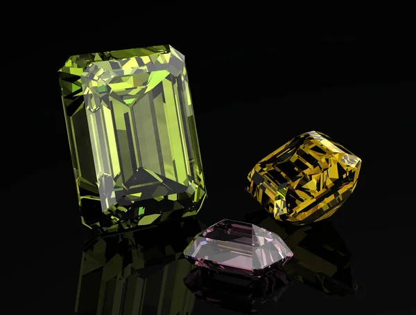Juwelen oder Edelsteine auf schwarzem Glanz (hochauflösendes 3D-Bild)) — Stockfoto