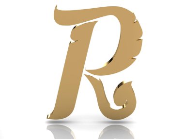 beyaz zemin üzerine altın metal R harfi 3D render.