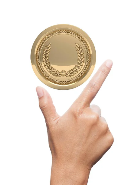 Gouden Medaille Hand Geïsoleerd Wit — Stockfoto