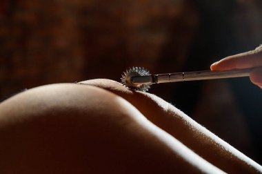 Bdsm. Oyuncak 18 'den fazla. Rol yapma oyunları. Cinsel tercihler. Wartenberg tekerleğini kadın kalçalarına yakın tut. Wartenberg fırıldağı ya da nörotekerlek çıplak bir kadın vücudunda hareket eder. Dantelli iç çamaşırı.